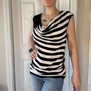 Max Studio Black and White Striped Draped Cowl Neck Tank